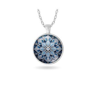 Stained Glass Icy Blue Snowflake Art Winter Christmas Silver Pendant Necklace